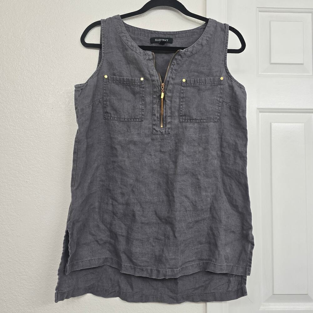 Women's Linen Sleeveless Top XL Gray 1/4 Zip Minimalist Workwear Resort Vacation